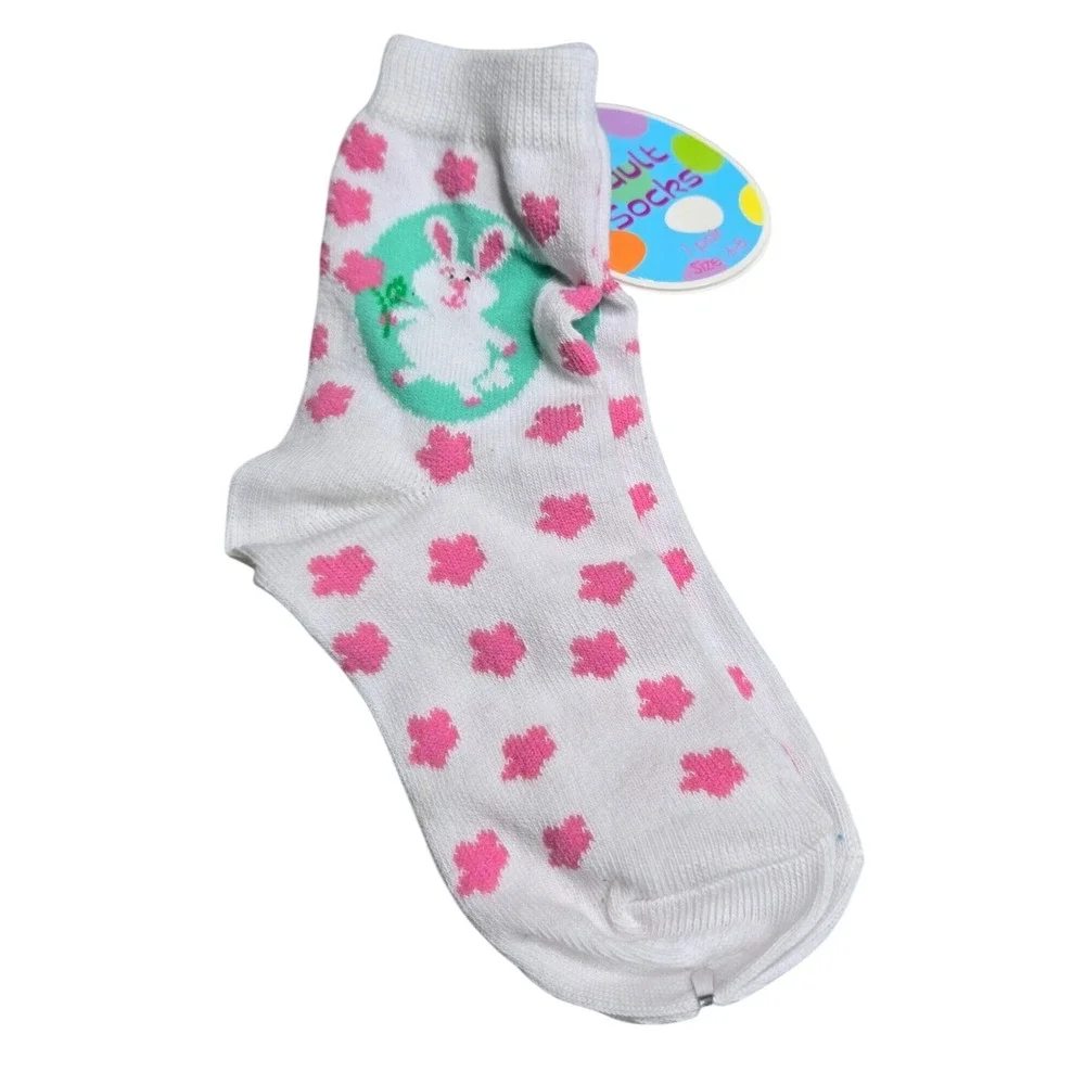 Vintage 2006 Devrian Easter Bunny White & Pink Ankle Socks US 9-11 NWT Taiwan